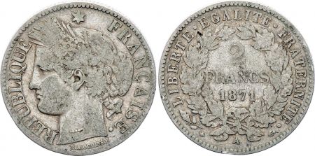 France 2 Francs Cérès - 1871 Petit A Paris - Argent