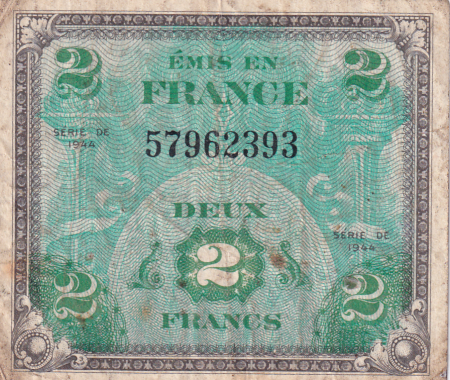 France 2 Francs Impr. américaine (drapeau) - 1944 Sans Série - TB