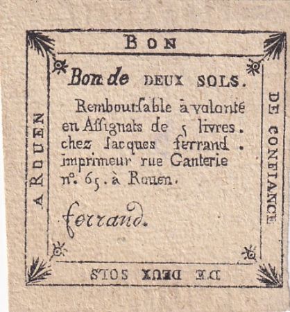 France 2 sols - Seine-Inférieure - Rouen chez Jacques Ferrand - Bureau d\'échange - 1792