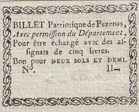 France 2 Sols et Demi - Herault - Billet Patriotique de Pezenas - 1792 - non signé