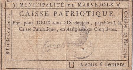 France 2 Sous 6 Deniers - Lozère - Caisse Patriotique de Marvejols - 1792