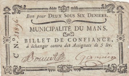 France 2 sous 6 deniers - Sarthe - Municipalité du Mans - 1792