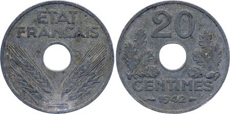 France 20 Centimes Etat Français - 1942 - Type en Zinc - TTB