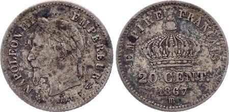 France 20 Centimes Napoleon III - 1867 BB Strasbourg - Argent