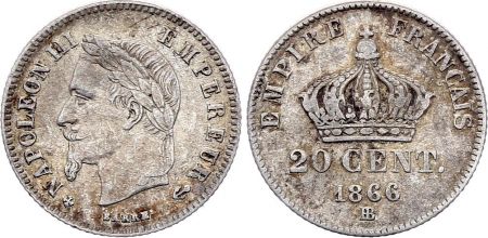 France 20 Centimes Napoléon III Tête Laurée - 1866 BB Argent