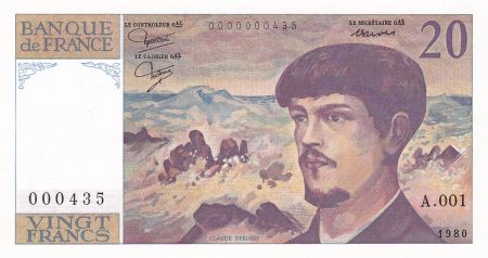 France 20 Francs - Debussy - 1980 - Série A.001 - petit numéro 000435