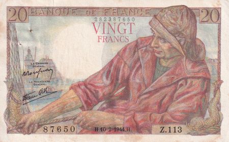 France 20 Francs - Pêcheur - 10-02-1944 - Série Z.113 - TTB+ - F.13.08