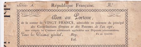 France 20 Francs An  7 - Bon au porteur - Série A - 25-11-1798