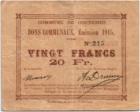 France 20 Francs Coutiches Commune - 1915