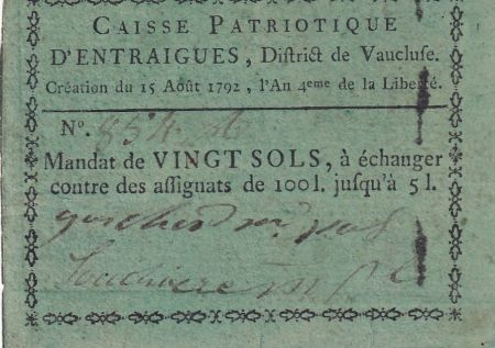 France 20 sols - Caisse patriotique d\'Entraigues, District de Vaucluse - 1792 - n°854