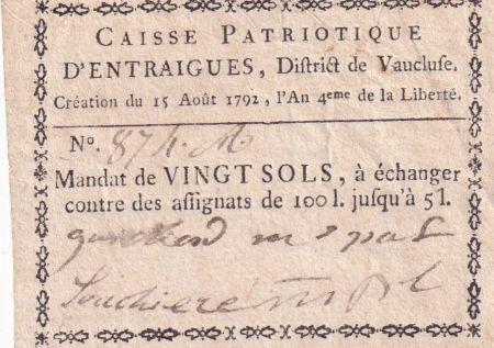 France 20 sols - Caisse patriotique d\'Entraigues, District de Vaucluse - 1792 - n°874