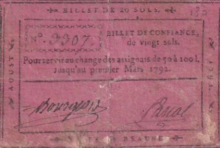 France 20 Sols - Côte d\'Or - Ville de Beaune - Août 1791