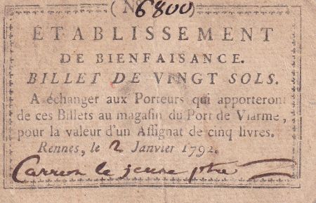 France 20 Sols - Ille et Vilaine - Rennes -  Établissement de Bienfaisance - Janvier 1792