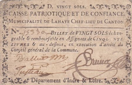 France 20 Sols - Indre et Loire - Caisse Patriotique municipalité de Lahaye - 1792 - sur carte à jouer