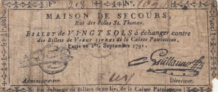 France 20 sols - Maison de secours, rue des filles St. Thomas - 01-09-1791 - Numéro 1090