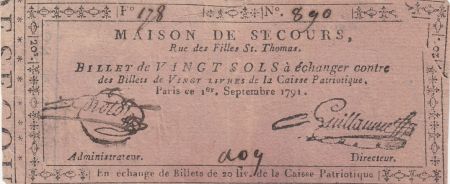 France 20 sols - Maison de secours, rue des filles St. Thomas - 01-09-1791