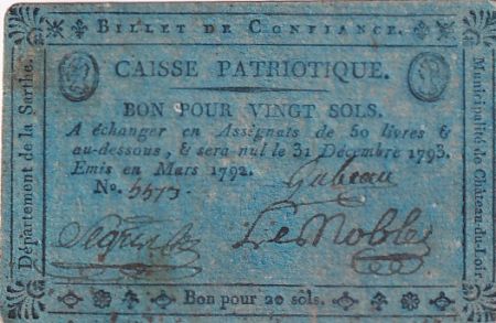 France 20 Sols - Sarthe - Municipalité de Château-du-Loir - 03-1792