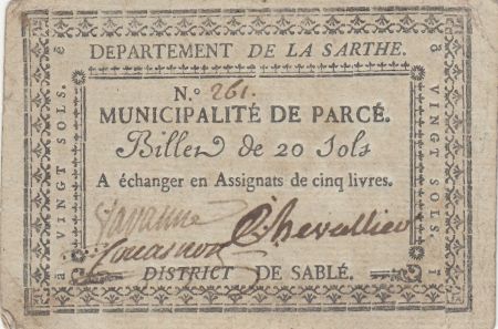 France 20 sols - Sarthe - Municipalité de Parcé - 1792