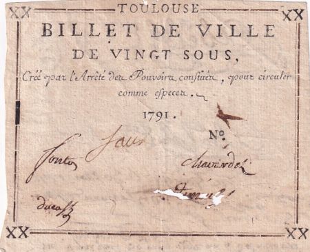 France 20 Sous - Haute-Garonne - Billet de Ville de Toulouse - faux d\'époque - 1791