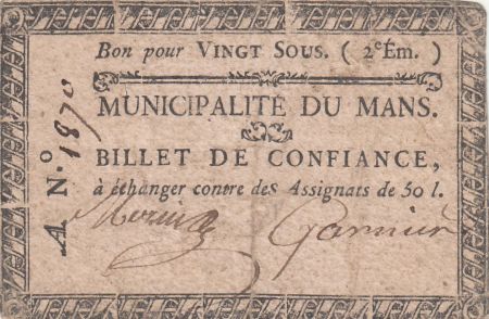 France 20 sous - Sarthe - Municipalité du Mans - 1792