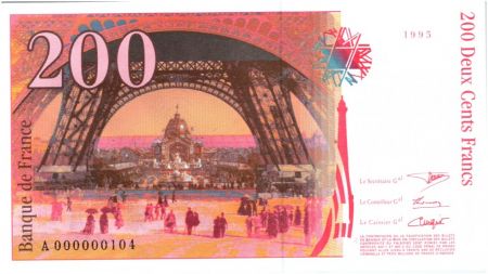 France 200 Francs Eiffel - 1995 petit numéro A.000000104