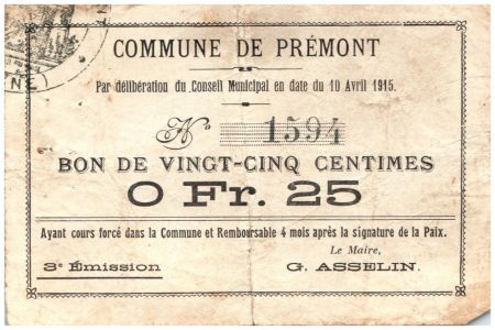 France 25 Centimes Premont Commune - 3ème émission N1594 - 1915