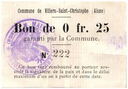 France 25 Centimes Villers-Saint-Christophe Commune - 1915