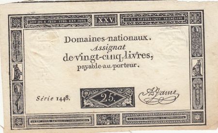 France 25 Livres - Impression noire - 06-06-1793 - Sign. Jame - Série 1448