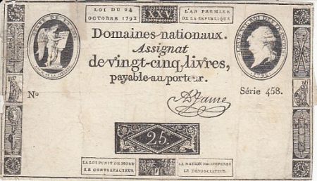 France 25 Livres - Loi du 24 Octobre 1792 - Sign. A. Jame