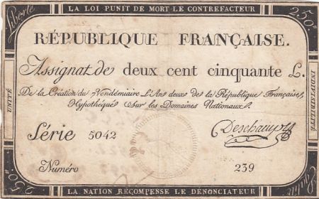 France 250 Livres - 7 Vendemiaire An II - 28.9.1793 - Sign. Deschamps - Série 5042