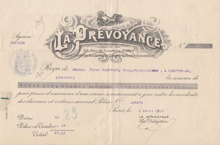 France 25.10 francs - Reçu de chèque de banque - La prévoyance - 1913