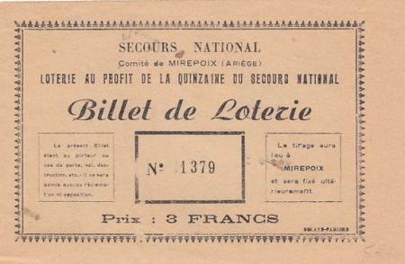 France 3 francs - Loterie pour le secours national - 1944 - SUP