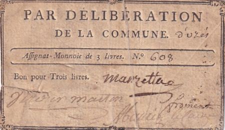 France 3 Livres - Gard - Commune de Uzès - 1791