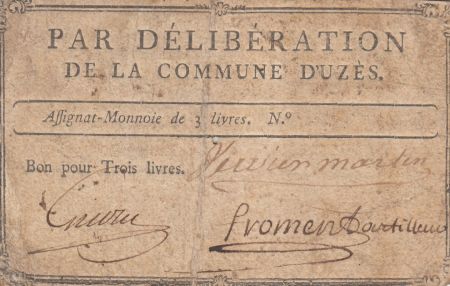 France 3 Livres - Gard - Commune de Uzès - 1791