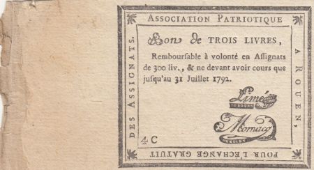 France 3 livres - Seine-Inférieure - Rouen - Association patriotique - 31-07-1792