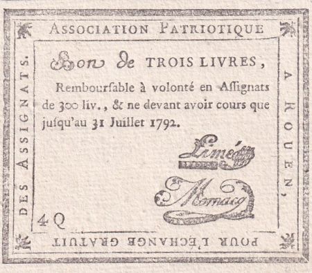 France 3 livres - Seine-Inférieure - Rouen - Association patriotique - 31-07-1792