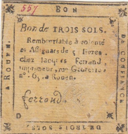 France 3 sols - Seine-Inférieure - Rouen chez Jacques Ferrand - Bureau d\'échange - 1792