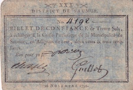 France 30 Sols - Maine et loire - District de Saumur - 26-11-1791