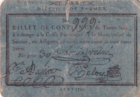 France 30 Sols - Maine et loire - District de Saumur - Août 1791