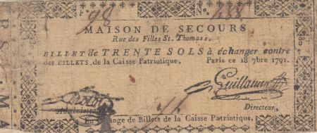 France 30 sols - Maison de secours, rue des filles St. Thomas - 18-09-1791 - Numéro 488