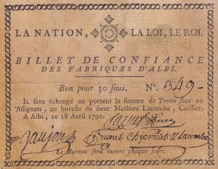 France 30 Sous - Billet de confiance - 1791 - Fabriques d\'Albi n°349