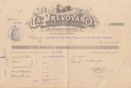 France 35.20 francs - Reçu de chèque de banque - La prévoyance - 1913