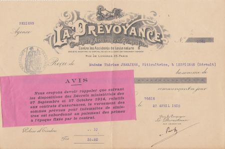 France 35.20 francs - Reçu de chèque de banque - La prévoyance - 1915