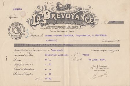 France 35.20 francs - Reçu de chèque de banque - La prévoyance - 1917