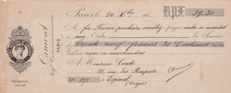 France 39.30 francs - Reçu de chèque de banque - École pratique de commerce - 1912
