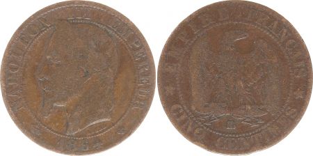 France 5 Centimes Napoléon III - Tête Laurée - 1864 BB Strasbourg