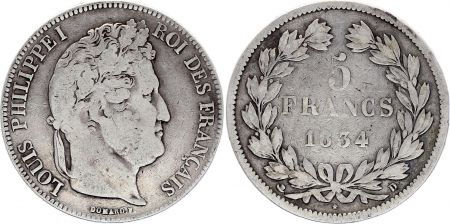 France 5 Francs - Louis-Philippe Ier - Tranche en relief - D Lyon - 1834