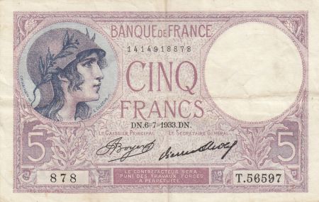 France 5 Francs - Violet - 06-07-1933 - Série T.56