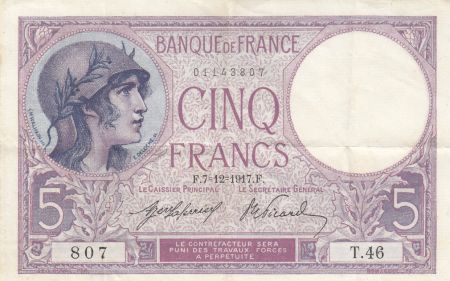 France 5 Francs - Violet - 07-12-1917 - Série T.46