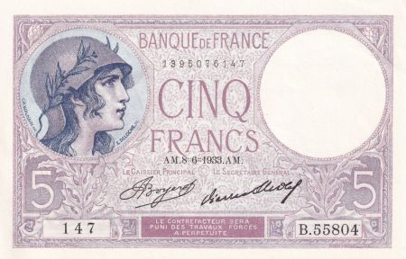 France 5 Francs - Violet - 08-06-1933 - Série B.55804